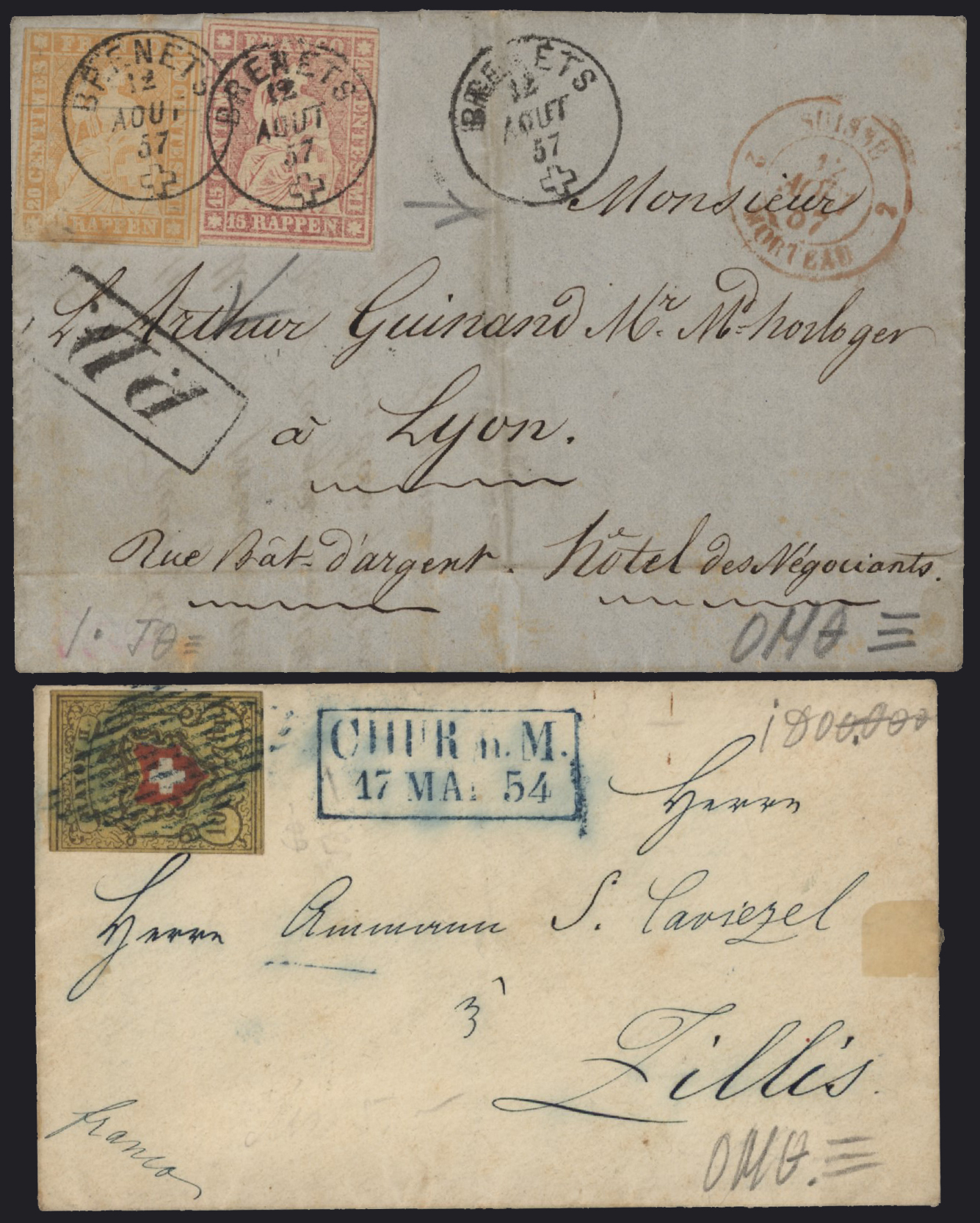 SVIZZERA - <p><strong>1850 - Svizzera - Poste Federali</strong>, due discrete lettere, una affrancata tramite il 10 Rp. giallo n° 15 e l'altra affrancata tramite 15 Rp rosa + 20 Rp arancio n° 28/29. Insieme da esaminare.</p>