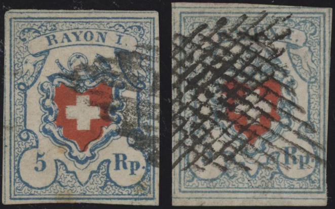 SVIZZERA - <p><strong>1851 - Svizzera - 5 Rp Rayon I</strong>, n° 20 + 20 (a o b), due ottimi esemplari di colorazioni diverse, uno è siglato da Enzo Diena.</p>