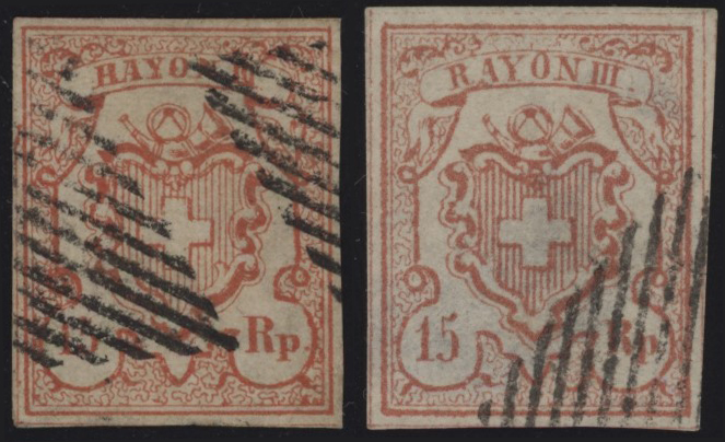 SVIZZERA - <p><strong>1852 - Svizzera - RAYON III, 15 Rp cifre piccole e grandi</strong>, n° 22/23, ottimi.</p>