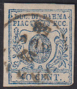 Ducato di Parma - <p><strong>1857 - 40 cent. azzurro scuro</strong>, n° 11a, "zero" largo, ottimo. Siglato Emilio ed Enzo Diena.</p>
