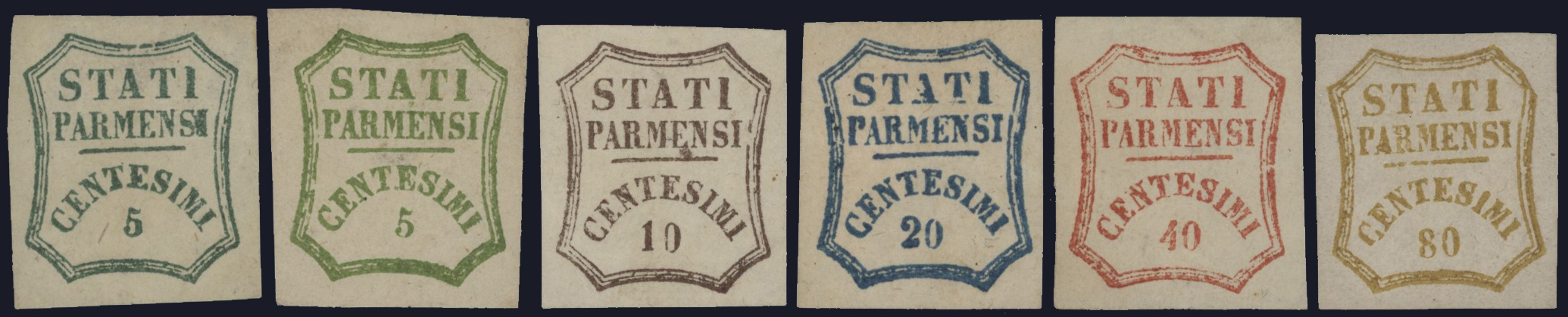 Ducato di Parma - <p><strong>1859 - Governo Provvisorio</strong>, n° 12/15 + 17/18, splendida, freschissima, con ampi margini, rara in questo bellissimo stato di conservazione. Certificato Fischer, tutti siglati da rinomati periti, certificato Chiavarello (5 cent. verde azzurro), certificato Diena (10 cent.), certificato Sorani (20 cent.), certificato Diena per esteso (80 cent.).</p>