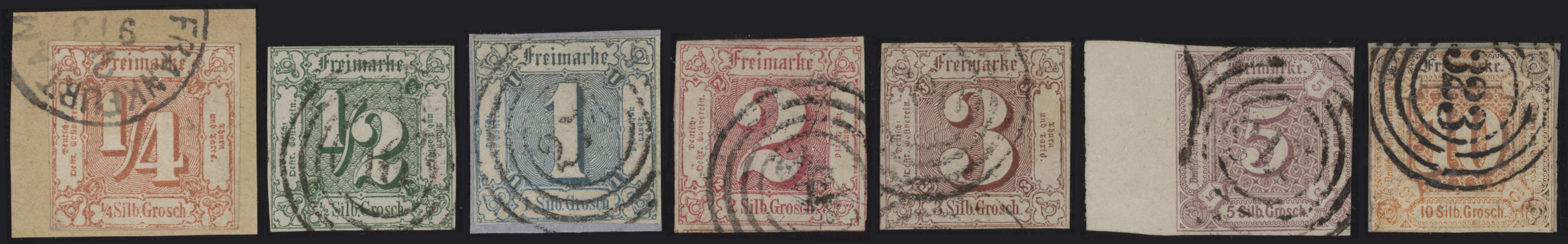 THURN E TAXIS - <p><strong>1859 - Cifre</strong>, n° 7/13, Mi n° 13/19 (1.170,00 €), ottima. Certificato Raybaudi (n° 10, 2 s.), SONNER e PFENNINGER (n° 13, 10 s.).</p><p><strong>1859 - Ziffern</strong>, n° 7/13, mi n° 13/19 (1.170,00 €), sehr gut. Zertifiziert von Raybaudi (Nr. 10, 2 s.), SONNER und PFENNINGER (Nr. 13, 10 s.).</p>