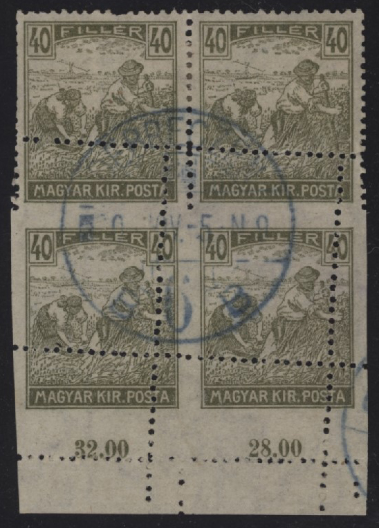UNGHERIA - <p><strong>1916 - Ungheria - Mietitura</strong>, n° 199, eccellente quartina bordo di foglio in basso, usata, con interessante varietà dovuta allo spostamento del foglio durante l'ultima battuta del blocco perforatore. Non comune.</p>