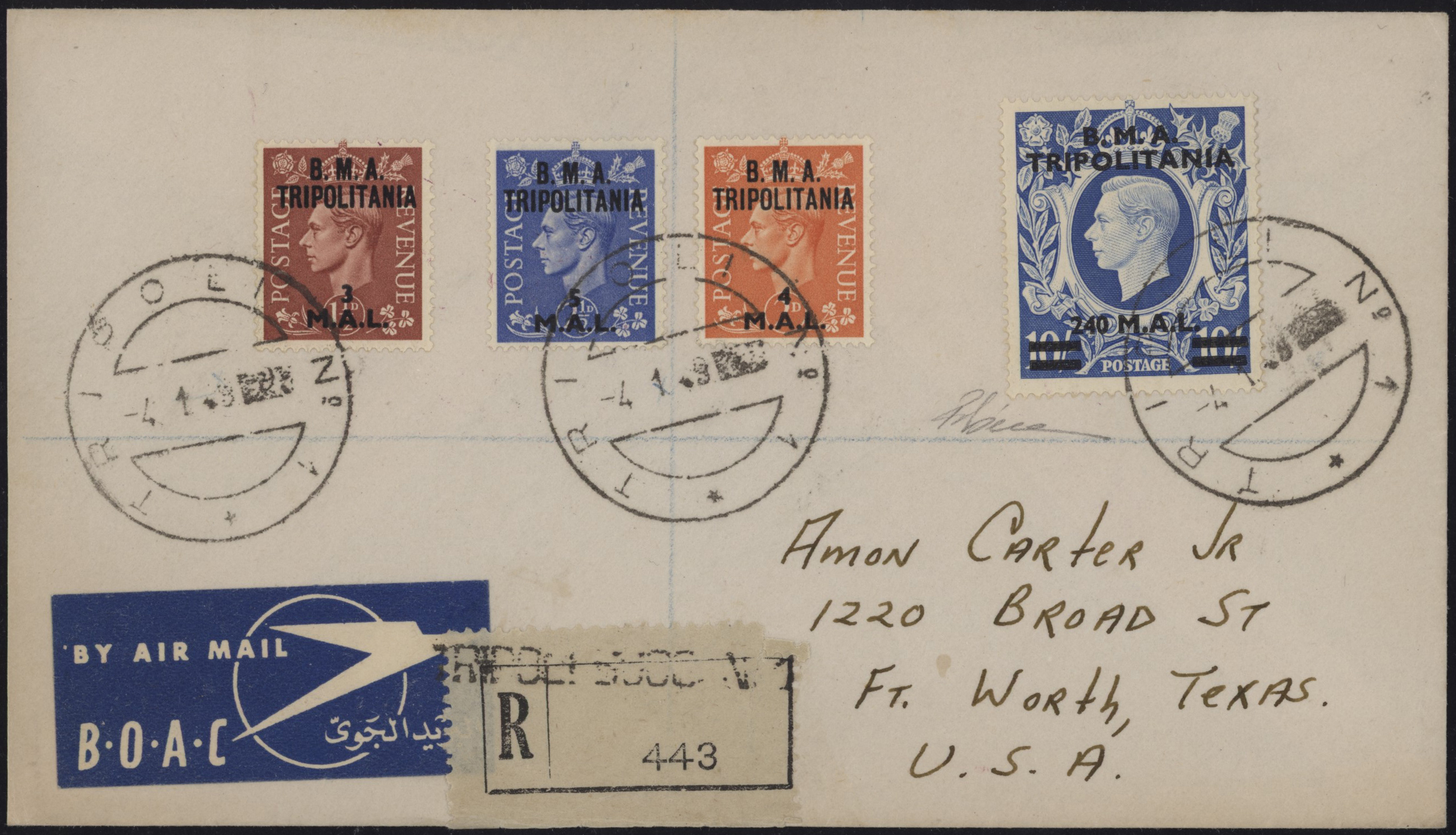 TRIPOLITANIA - <p><strong>1948 - Sovrastampa B.M.A. Tripolitania</strong>, n° 3/5 + 13, eccellente ritrovamento, estremamente raro il 10 shellini sovrastampato 240 M.A.L. su lettera viaggiata, da<strong> Tripoli </strong>4.1.48 per il <strong>Texas (USA)</strong> 10 Jan 1948, transito a Washington il 9 gennaio, rarità. Certificato Diena (per esteso, ben circostanziato).</p>