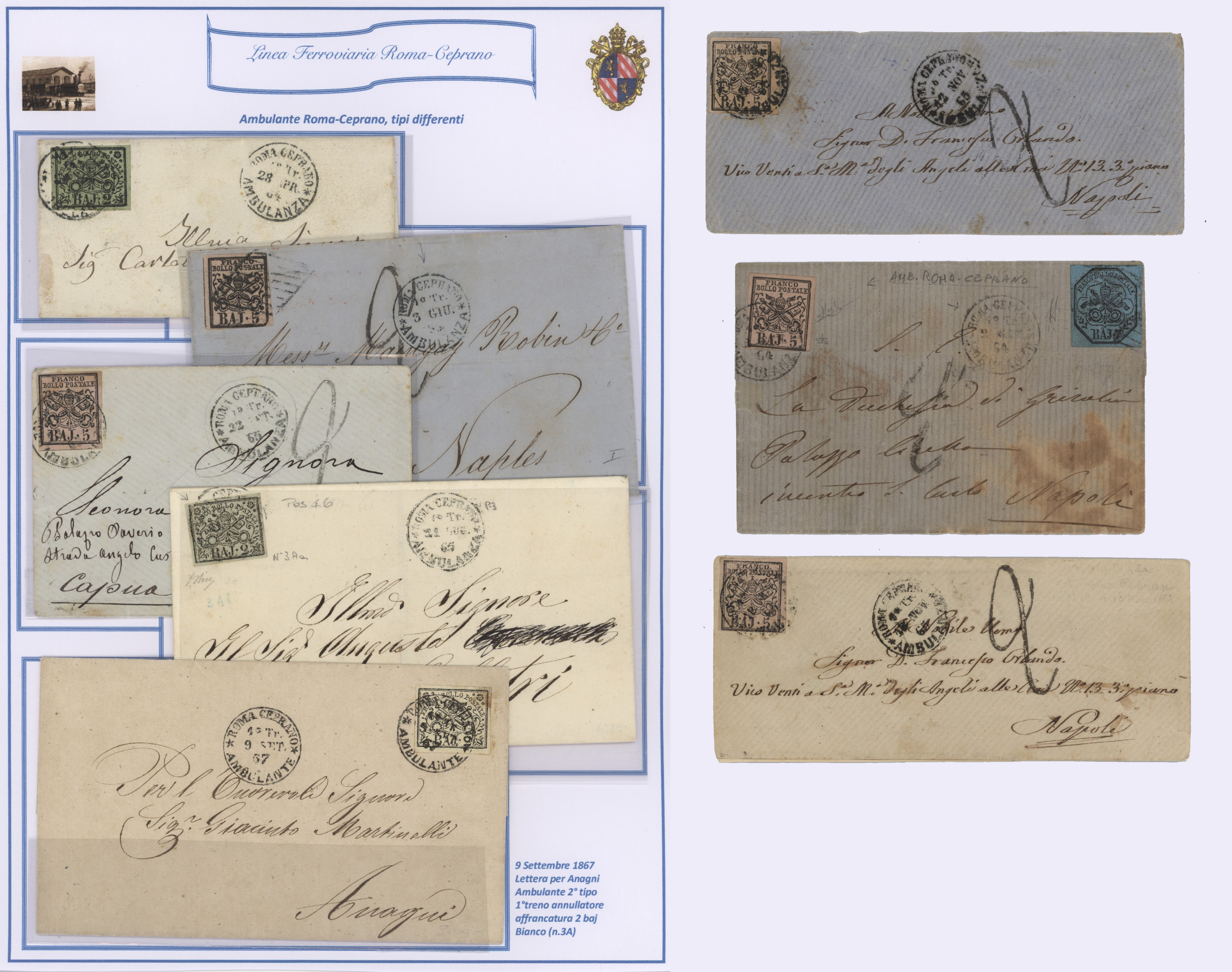 Lotti Antichi Stati - <p><strong>1864 - Pontificio</strong>, piccola collezione incentrata sull'annullo ‘Ambulante’ ROMA/CEPRANO come annullatore, 8 documenti postali. Insieme di difficile reperibilità.</p>