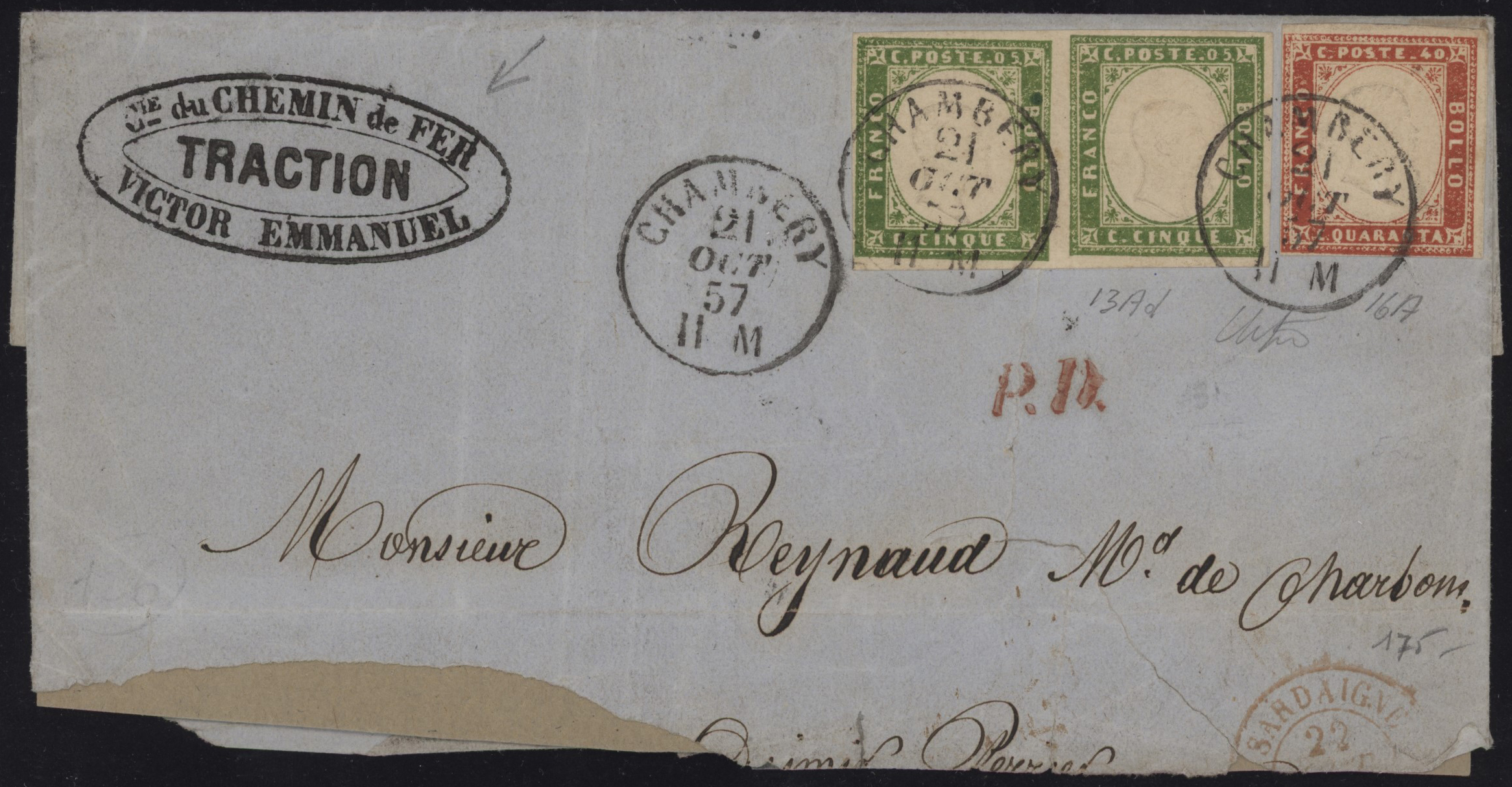 Regno di Sardegna - <p><strong>5 cent verde giallo + 40 cent. rosso scarlatto</strong>, n° 13Ad (coppia) + 16A, ottimi, freschi e con margini completi, su grande frammento “gran parte di lettera” da <strong>Champery </strong>per la <strong>Francia</strong>, interessante timbro “ … du Chemin di Fer - TRACTION" in ovale.</p>