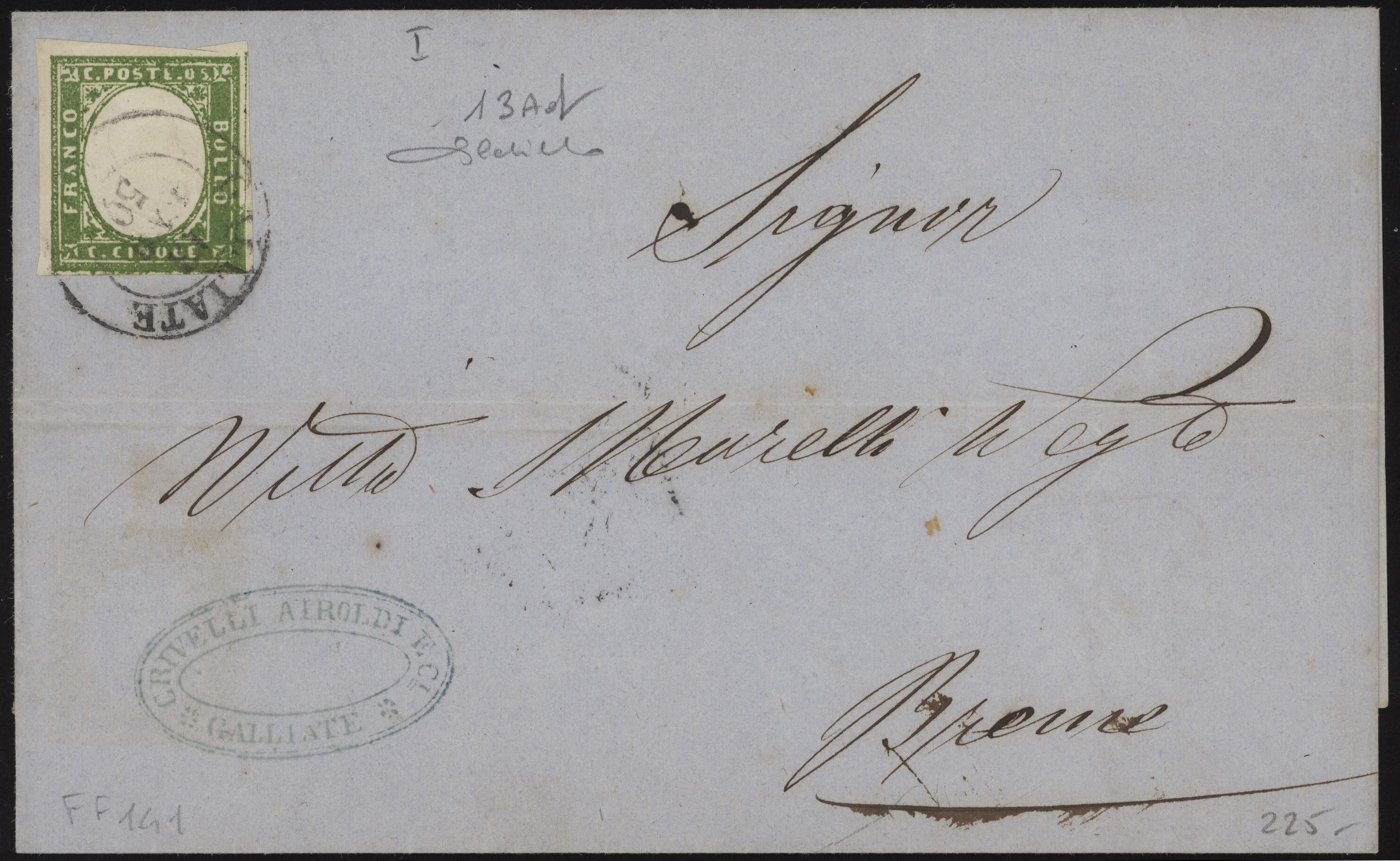 Regno di Sardegna - <p><strong>1859 - 5 cent. verde giallo (I)</strong>, n° 13Ad, ottimo, isolato, tariffa per stampati, da <strong>Gallarate </strong>(5 pt) per <strong>Breme</strong>, eccellente qualità dell'insieme anche per la forte inchiostrazione del francobollo. Firmato Cardillo.</p>