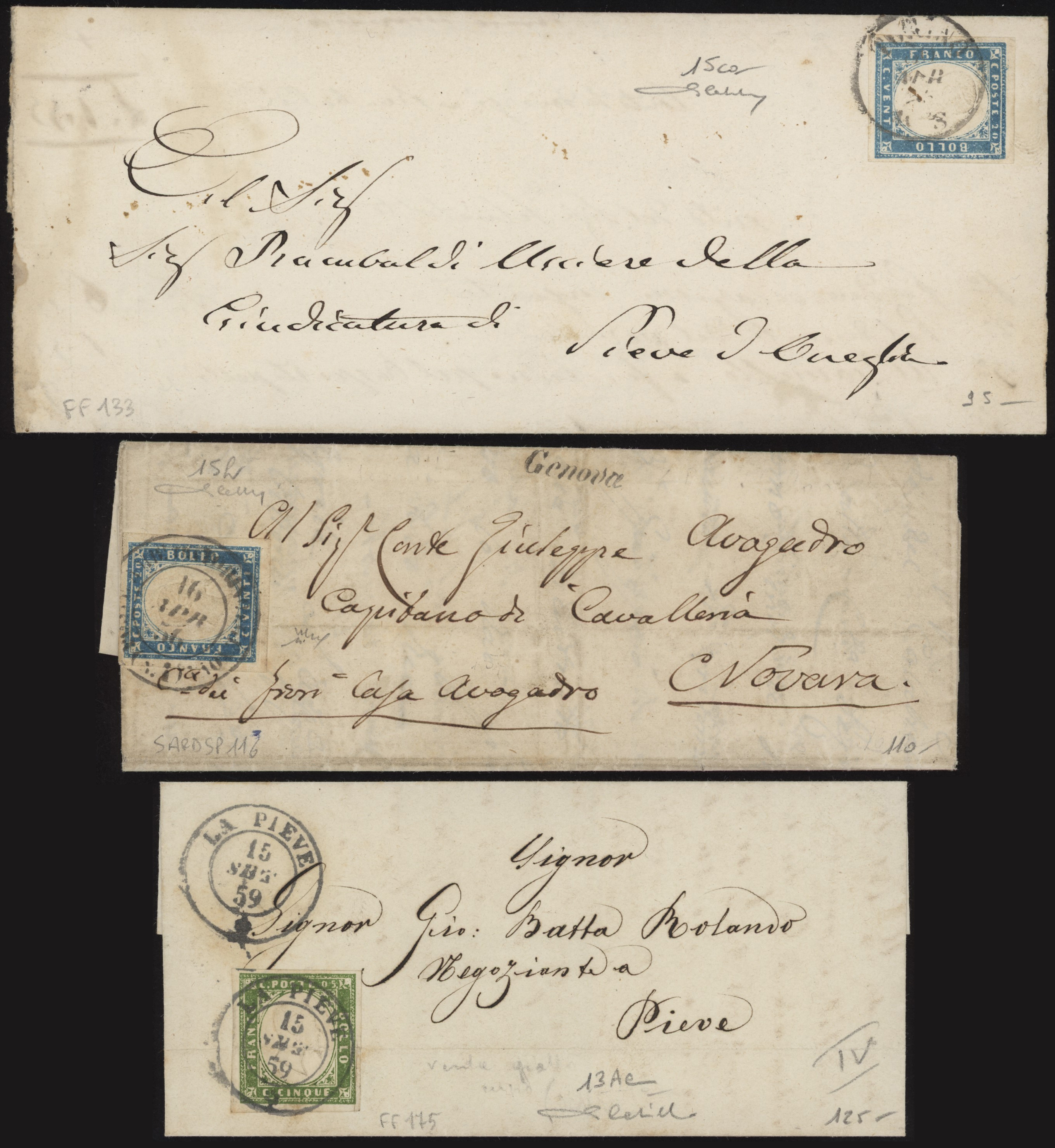 Regno di Sardegna - <p><strong>1856/59 - Piccolo lotto di tre interessanti lettere </strong>di qualità mista (n°13AE + 15ca + 15h) isolati. Tutte siglate Cardillo.</p>