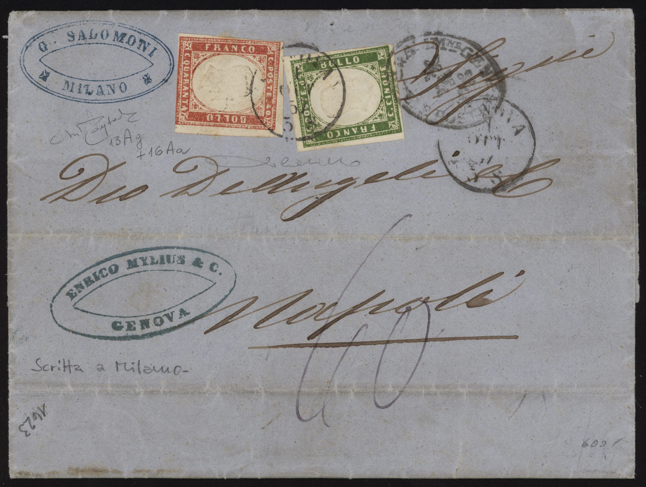 Regno di Sardegna - <p><strong>1857 - 5 + 40 cent. (triplo porto)</strong>, n° 13Ag + 16A, ottimi (il 40 cent. a filo in basso), su lettera scritta a <strong>Milano</strong> il 29 settembre e spedita da <strong>Genova </strong>1 ott 57 “con i piroscafi” per <strong>Napoli </strong>(appena confuso …2 o 8 ottobre…), il non comune insieme è firmato Paolo Cardillo ed è munito di certificato Raybaudi del 1990.</p>