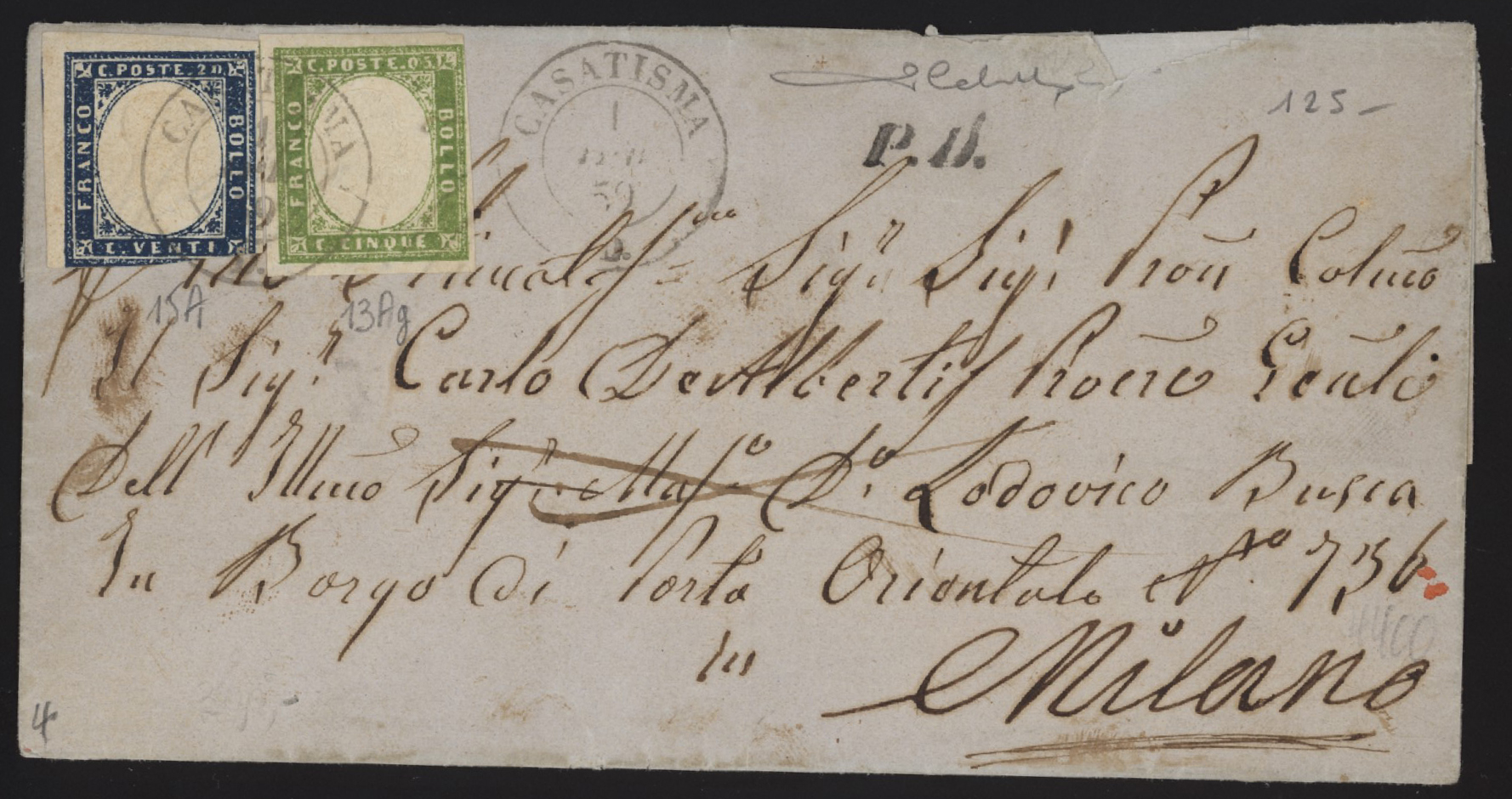 Regno di Sardegna - <p><strong>1859 - 5 cent. verde giallo olivastro + 20 cent. azzurro oltremare scuro</strong>, n° 13Ag + 15Aa, il 5 cent. perfetto, il 20 cent. corto in basso, su lettera da <strong>Casatisma </strong>(pt.4) 01.04.1859 per <strong>Milano </strong>dove giunse in giorno successivo. Non comune la tariffa di 1° porto dalla I distanza sarda per la I distanza austriaca. Firmata Cardillo.</p>