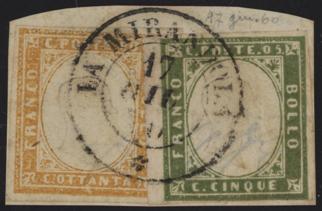 Regno di Sardegna - <p><strong>1860 - 5 cent. verde oliva + 80 cent. giallo arancio</strong>, n° 13Bc + 17B, ottimi, ben marginati, su piccolo frammento annullato a “LA MIRANDOLA” 17 GIU 60 (pt 6), l'insieme non comune è siglato Alberto Diena ed è firmato Raybaudi e Lajolo.</p>
