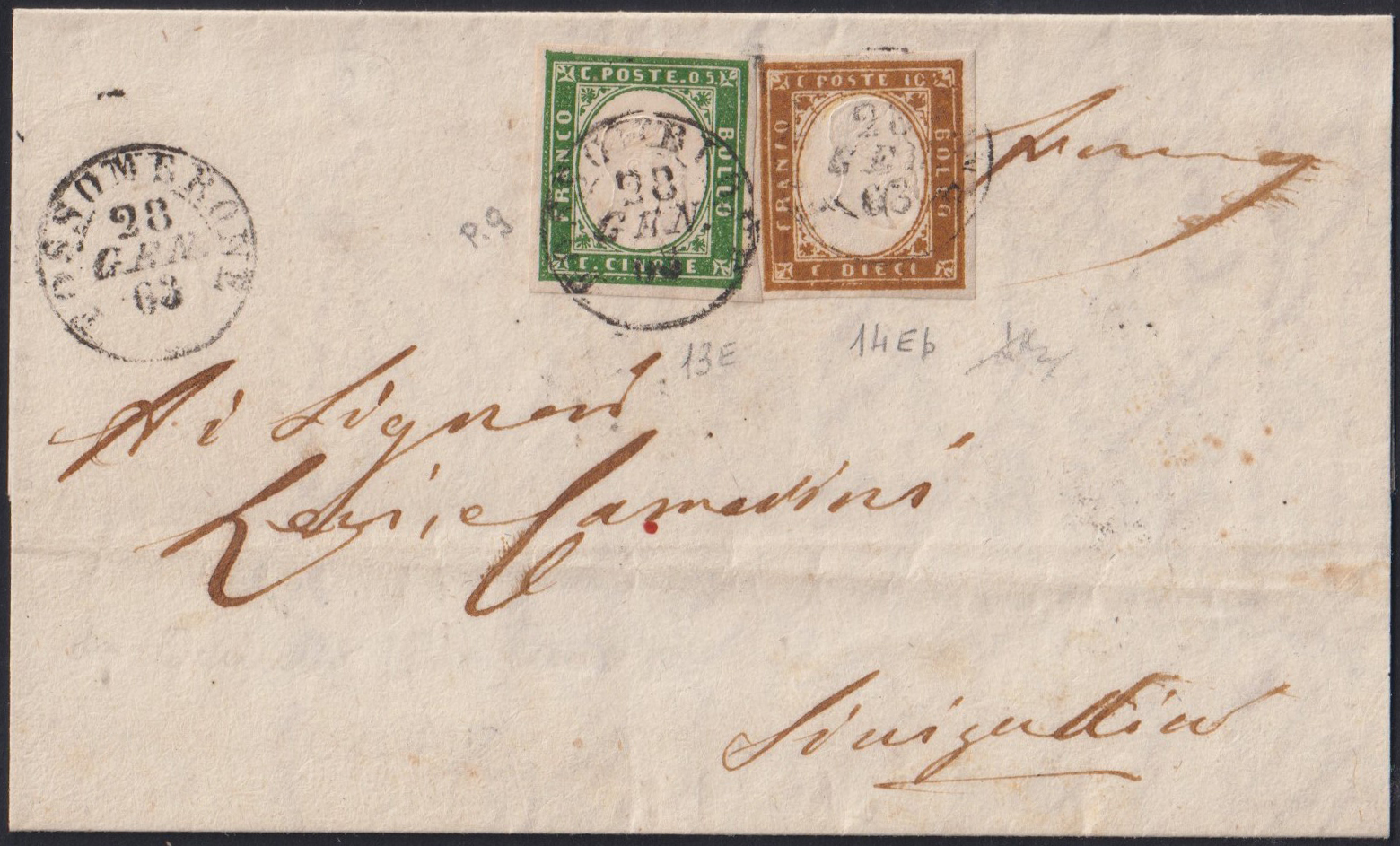 Regno di Sardegna - <p><strong>1863 - 5 e 10 cent. bruno arancio scurissimo (nostro parere), tinta non catalogata</strong>, n° 13D + 14?, su bella lettera da <strong>Fossombrone </strong>28 GEN 63 per <strong>Senigallia</strong>. Firmata Chiavarello.</p>