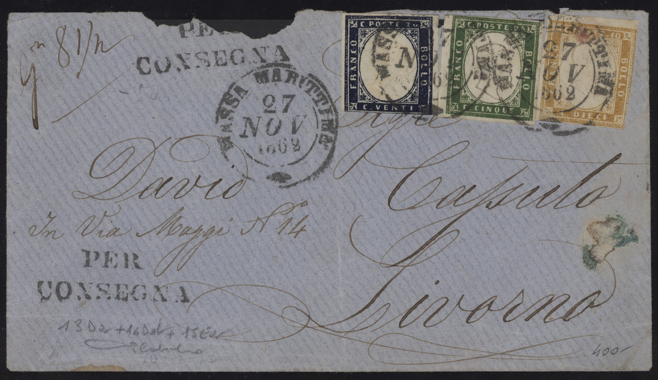 Regno di Sardegna - <p><strong>1862 - 5 + 10 + 20 centesimi</strong>, n° 13Da + 14Dd + 15Ea, discreti/buoni, su lettera tricolore da <strong>Massa Marittima</strong> 27.11.62 per <strong>Livorno </strong>28 NOV. L'insieme non comune è firmato Cardillo.</p>