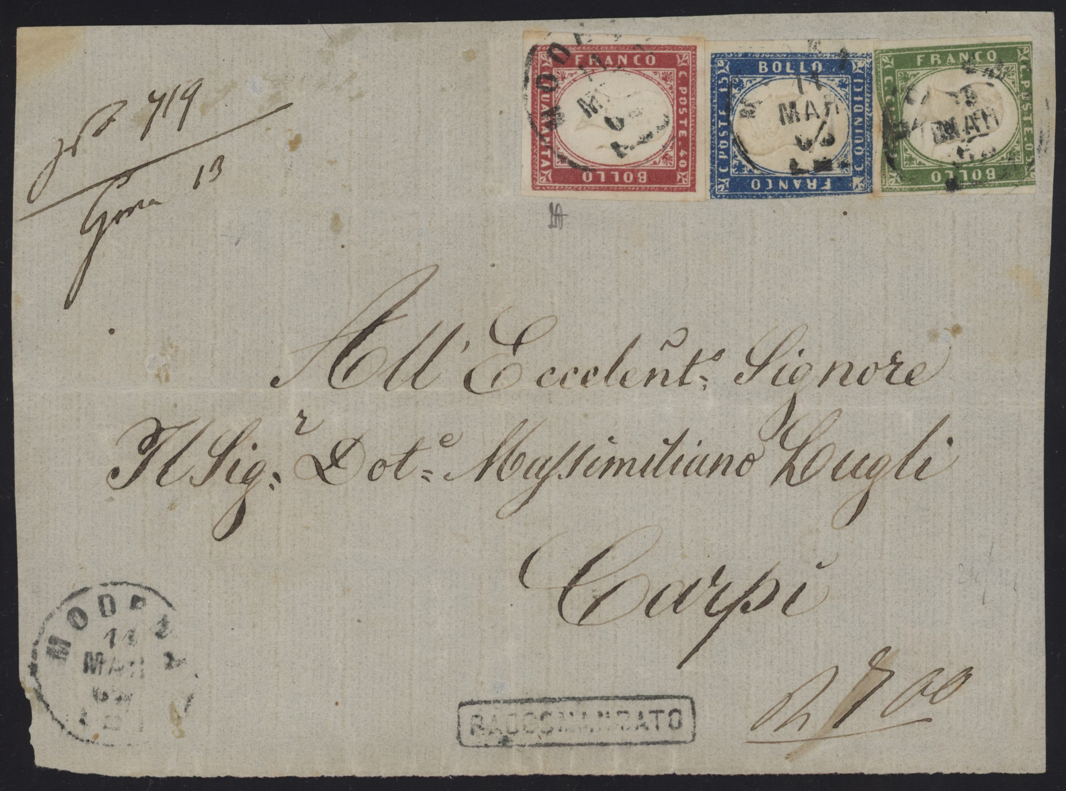 Regno di Sardegna - <p><strong>1863 - Affrancatura mista tricolore, 5 + 15 + 40 cent.</strong>, n° 11 (Regno) + Sardegna 13Db + 16Eb, su intero fronte di busta Raccomandata (in cartella) da <strong>Modena </strong>per <strong>Carpi </strong>11 MAR 63, bell'insieme con qualche difetto.</p>