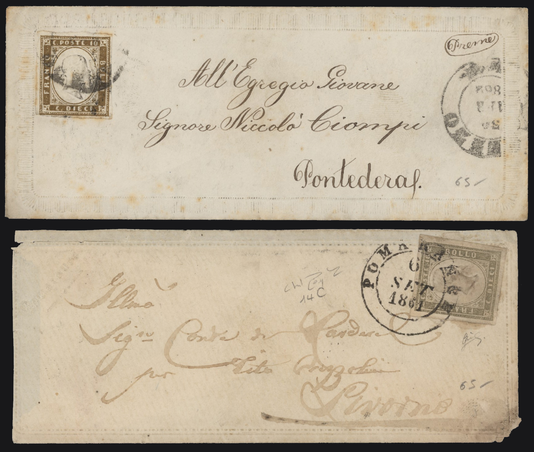 Regno di Sardegna - <p><strong>1861 - 10 cent. grigio olivastro chiaro e bruno olivastro</strong>, n° 14C e 14Cl, buonissimi esemplari, rispettivamente su due valentine, entrambe spedite dalla Toscana all'interno della regione. La lettera con il 14C firmata Raybaudi e Biondi.</p>