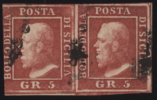 Sicilia - <p><strong>1859 - 5 grana rosso sangue</strong>, n° 9c eccellente esemplare con gran parte dell'esemplare vicino (coppia), usata. Il raro esemplare è accompagnato da certificato Enzo Diena.&nbsp;</p>