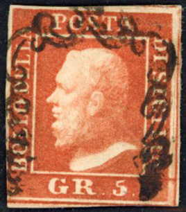 Sicilia - <p><strong>1859 - 5 grana vermiglio</strong>, n° 11, ottimo, con margini completi e annullo ben posizionato. Emilio Diena, certificato Cardillo.</p>