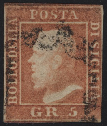 Sicilia - <p><strong>1859 - 5 Grana vermiglio II tavola</strong>, n° 11, buonissimo/ottimo, con annullo originale, l'esemplare è siglato Alberto Diena ed è firmato per esteso da Paolo Vaccari, è munito di certificato Raybaudi/Vignati che lo descrive con una piega ma a mio parere è una lieve e naturale grinza usuale in questi esemplari, non una piega!</p>