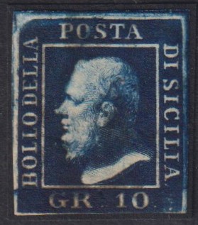 Sicilia - <p><strong>1859 - 10 grana azzurro scuro</strong>, stampa oleosa (non comune), n° 12, ottimo. Siglato da Alberto ed Enzo Diena.</p>