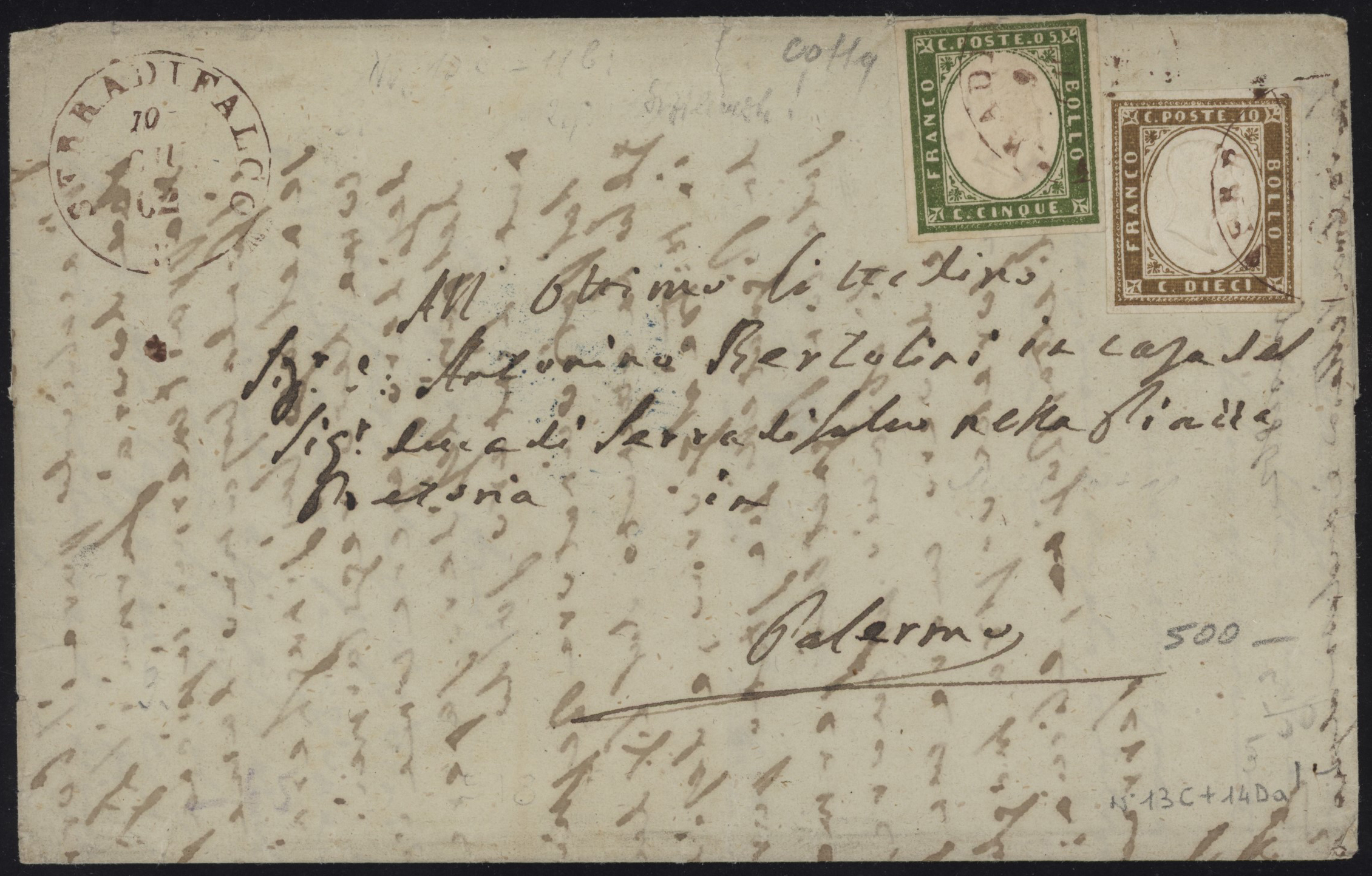 Sicilia - <p><strong>1862 - 5 e 10 cent. verde oliva e bistro oliva scuro Stati Sardi</strong>, n° 13C + 14Da, su eccellente lettera da <strong>SERRADIFALCO</strong> 10 GIU 62 (10 pt.) per <strong>Palermo </strong>11 GIU e transito S. Caterina in azzurro, insieme molto raro, impreziosito dal testo interno nel quale si spiega che l'affrancatura (!) corrisponde alla vecchia tariffa borbonica (3 grana!). Certificato Colla ben circostanziato.</p>
