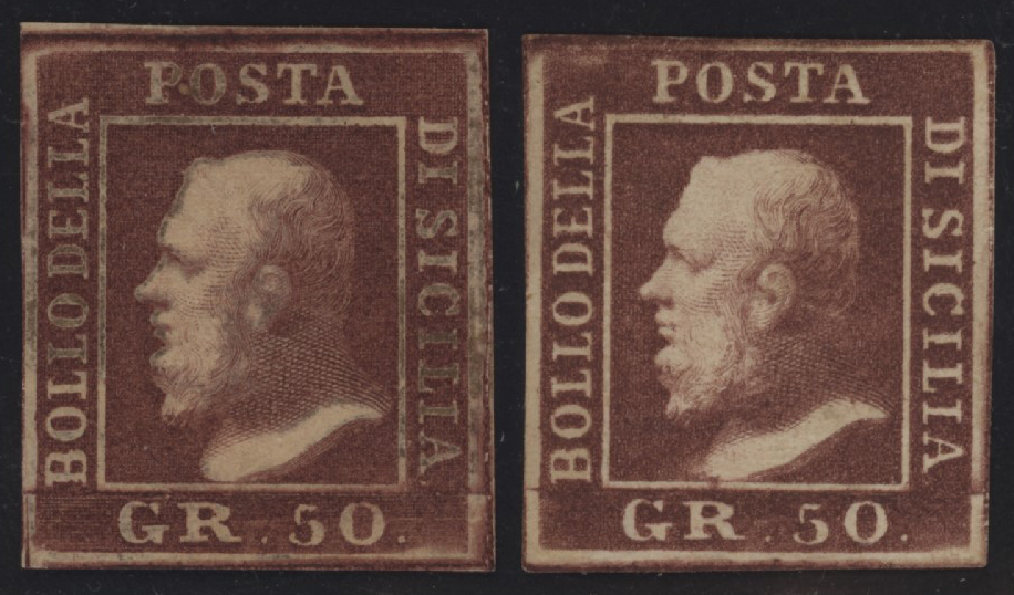 Sicilia - <p><strong>1859 - 50 Grana</strong>, n° 14, due ottimi esemplari di tinte diverse, eccellente qualità, firmati e siglati da Alberto ed Enzo Diena, Vaccari e altri.</p>