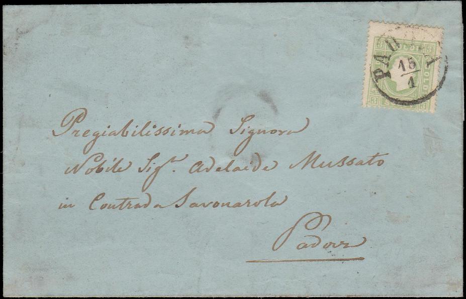 Lombardo Veneto - <p><strong>1861 - 3 s. verde giallo</strong>, n° 35, ottimo, isolato su lettera &nbsp;da <strong>Padova </strong>15/1 per città stessa data, bellissimo insieme, anche perché il francobollo ha la dentellatura orizzontale fortemente spostata ed appartenendo alla prima riga risulta solo parzialmente stampato, interessante, occasione difficilmente ripetibile.</p>