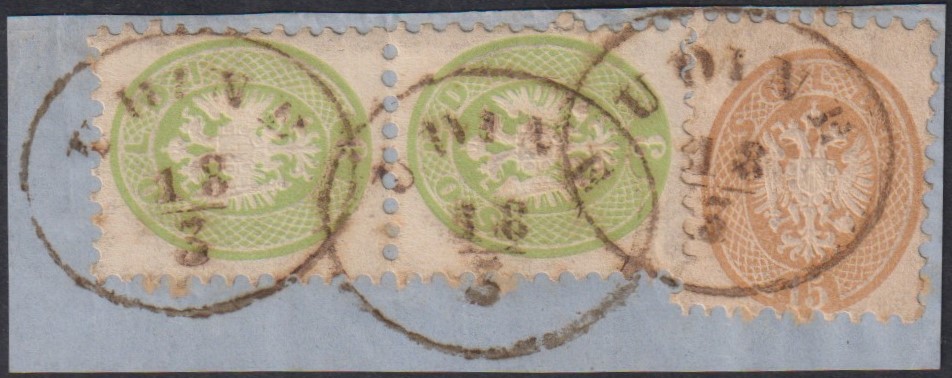 Lombardo Veneto - <p><strong>&nbsp;1864 -&nbsp;3 soldi verde (coppia) + 15 s. bruno</strong>, n° 42 + 45, ottimi, su piccolo frammento annullo Udine 18/3 in ovale.</p>