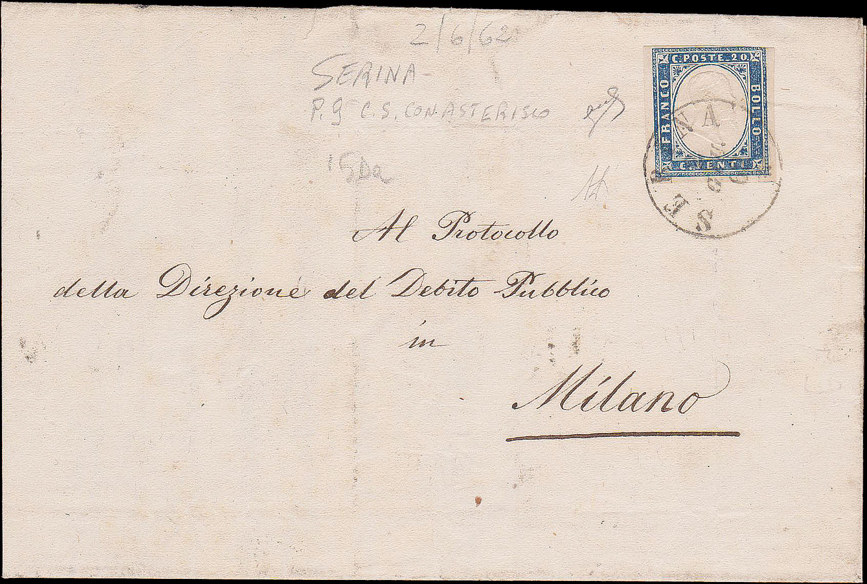 Lombardo Veneto - <p><strong>1862 - SERINA</strong>, cerchio, <strong>pt 9</strong>, nitido, lettera di ottimo aspetto 2.6.62 per <strong>Milano </strong>3 Giu 62, numerosi annulli di transito, affrancata con Sardegna 20 cent. celeste, n° 15Da, toccato in alto, non calcolato nella valutazione di catalogo, bell'insieme.&nbsp;Siglato Alberto Diena e Biondi.</p>