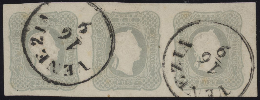 Lombardo Veneto - <p><strong>1861 - (1.05 s.) grigio chiaro</strong>, FxG n° 10, in splendida<strong> striscia orizzontale di tre</strong> di grande qualità, occasione. Certificato Enzo Diena.</p>