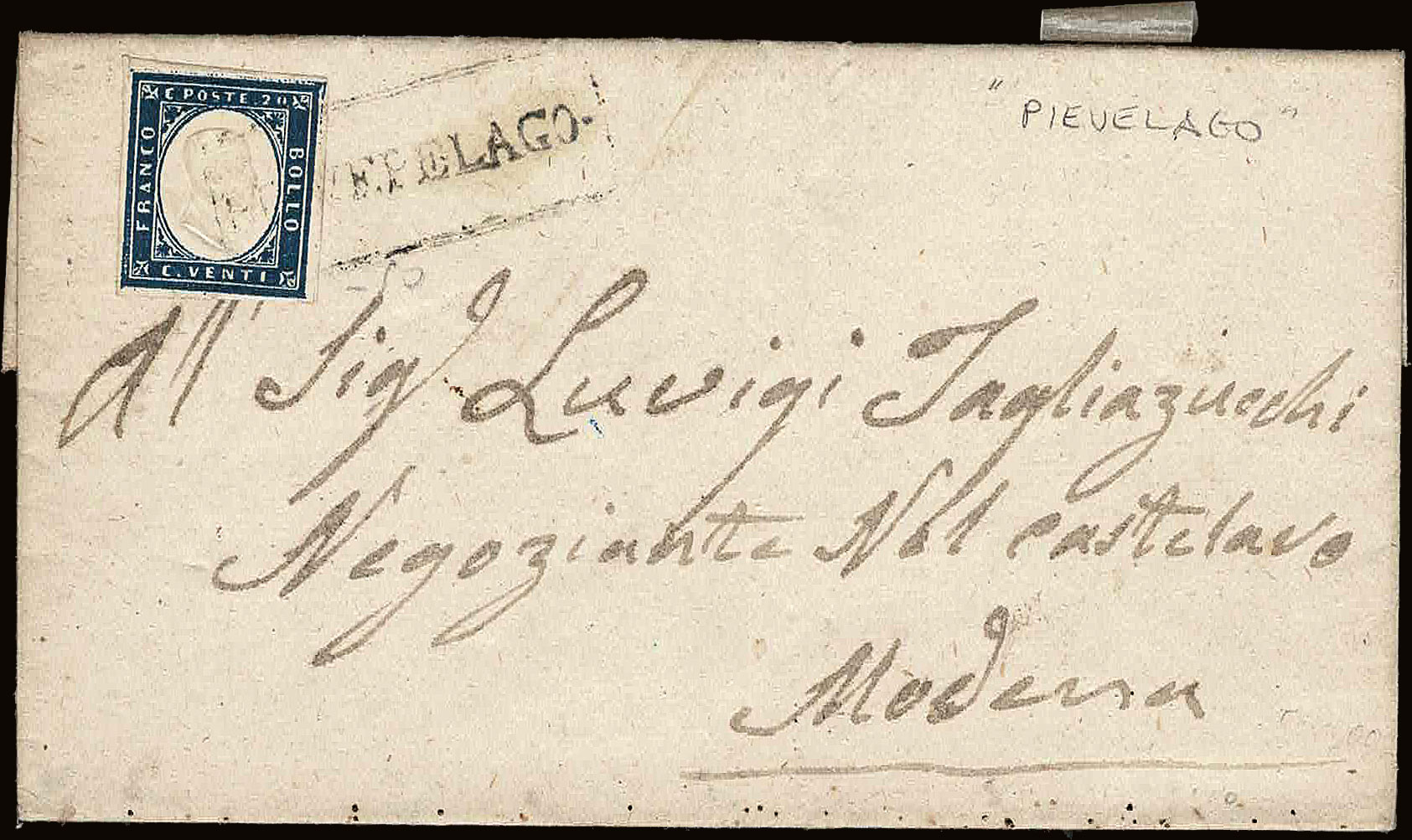 Ducato di Modena - <p><strong>1860 - PIEVEPELAGO</strong>, lettera per <strong>Modena </strong>3.dic.1860 affrancata con il 20 cent. di Sardegna, in cartella, annullatore, non comune, eccellente qualità, pt 9.</p>