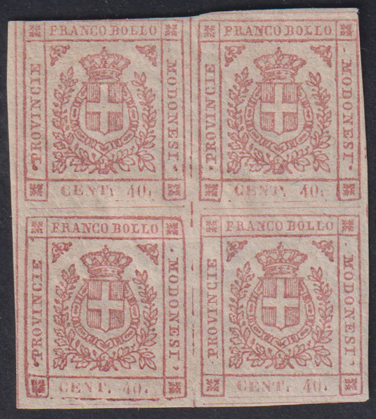 Ducato di Modena - <p><strong>1850 - 40 cent. rosa</strong>, n° 17,<strong> </strong>in quartina, un esemplare corto in alto e uno a filo cpl a destra.</p>