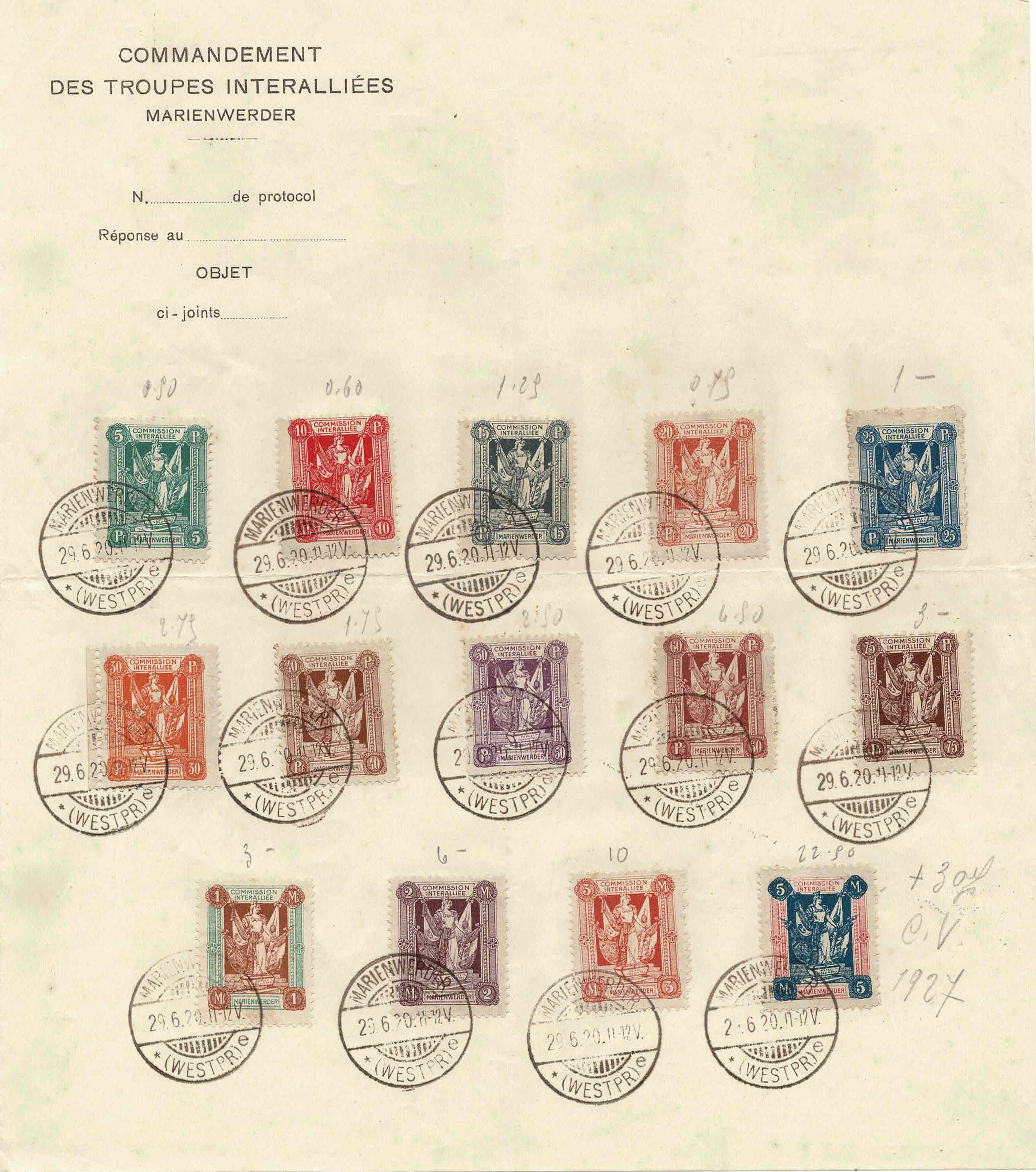 GERMANIA ALTRI - <p><strong>1920 - MARIENWERDER - Plebiscito, due serie complete</strong>, n° 11/24 + 30/43 su due grandi frammenti con annulli originali.</p>