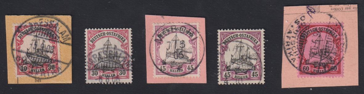 GERMANIA COLONIE OSTAFRIKA - <p>
	<strong>1905 - Veliero</strong>, n&deg; 22/29 + altri colori, ottima, molti su piccolo frammento con annullo completo. Certificato&nbsp;BRIEFMARKENPRUFSTELLE (n&deg; 2279).</p>
<p>
	<strong>1905 - Segelschiff</strong>, Nr. 22/29 + andere Farben, sehr gut, viele auf kleinem Fragment mit vollst&auml;ndigem Stempel. BRIEFMARKENPRUFSTELLE Zertifikat (n&deg; 2279).</p>
