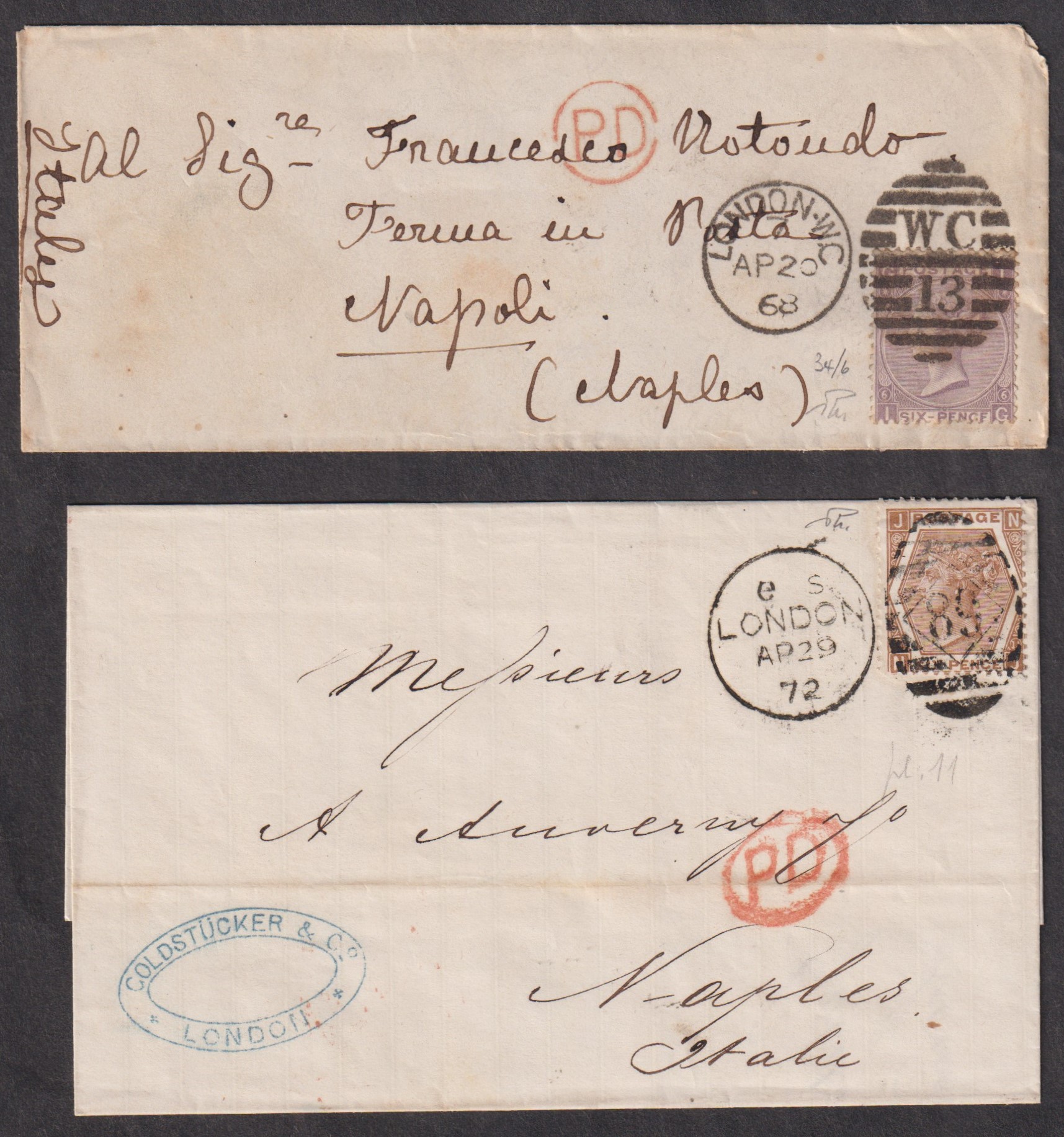 GRAN BRETAGNA - <p><strong>1868 + 1872</strong> <strong>- Gran Bretagna</strong> - 2 lettere affrancate, n° 34 e 47, ottimi, da <strong>Londra </strong>a <strong>Napoli</strong>.</p>