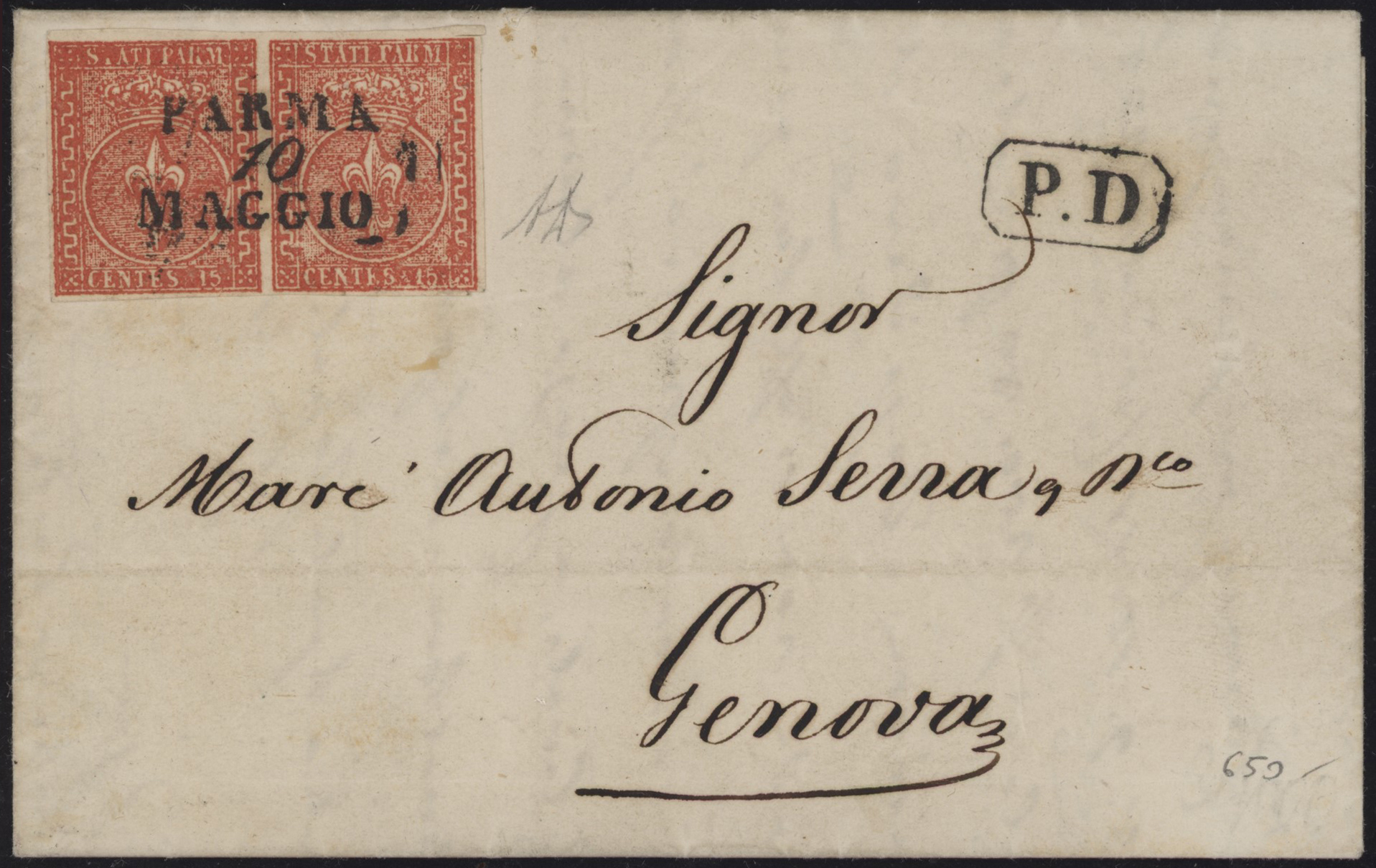 Ducato di Parma - <p><strong>1855 - 15 cent. vermiglio</strong>, n° 7, ottima coppia orizzontale su lettera da <strong>Parma </strong>(idealmente impresso al centro della coppia) 10 Maggio per <strong>Genova </strong>12 Mag 55, ottimo insieme siglato da Alberto Diena.</p>