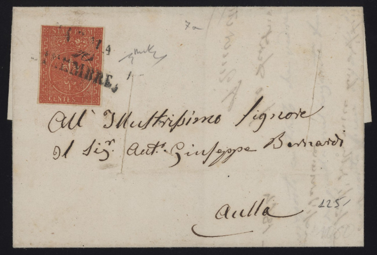 Ducato di Parma - <p><strong>1853 - 15 cent. vermiglio</strong>, n° 7, buonissimo esemplare su lettera da <strong>Parma </strong>10.12.1854 per <strong>Aulla </strong>dove giunse il giorno successivo. Firmata Chiavarello.</p>