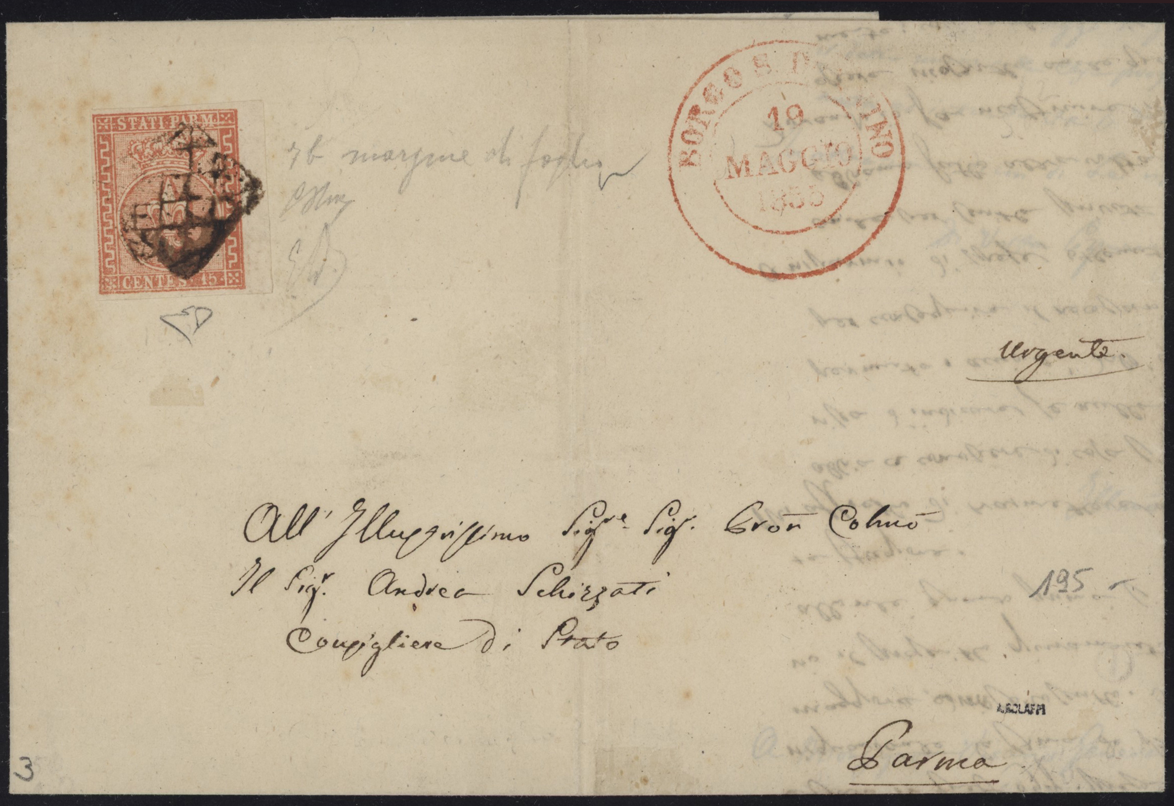 Ducato di Parma - <p><strong>1855 - 15 centesimi vermiglio chiaro</strong>, n° 7, ottimo/eccellente, ampi margini e bordo di foglio a destra, isolato su lettera con testo da <strong>Borgo S. Donnino</strong> 19 Maggio 1855 per <strong>Parma </strong>20 Maggio, splendido insieme siglato da Oliva e da Emilio ed Enzo Diena, timbrino A. Bolaffi.</p>