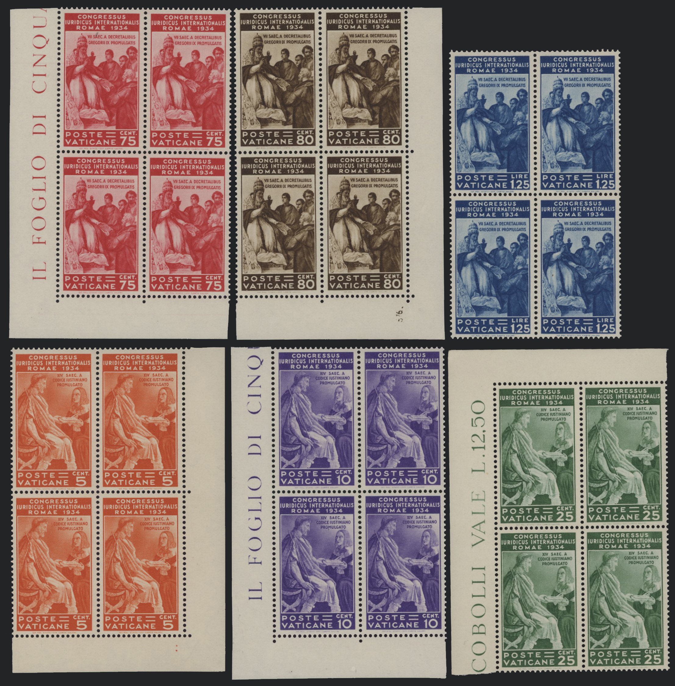 Vaticano - <p><strong>1935 - Congresso Giuridico</strong>, n° 41/6, in eccellenti/eccezionali quartine, anche bordo o angolo di foglio, insieme raro in questo splendido stato di conservazione, l'esemplare da 1,25 Lire siglato Enzo Diena. @</p>