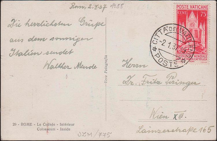 Vaticano - <p><strong>1936 - Stampa Cattolica 75 cent.</strong>, n° 51, ottimo, isolato su cartolina 2.1.37 per <strong>l'Austria</strong>, raffigurante l'interno del Colosseo.</p>