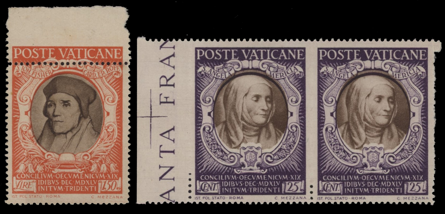 Vaticano - <p><strong>1948/1963 - Piccolo lotto di varietà</strong>, 14 oggetti, perlopiù "Concilio di Trento", notati spostamenti di dentellatura, centro spostato, non dentellato in basso, doppia stampa, interessante occasione, da esaminare.</p>