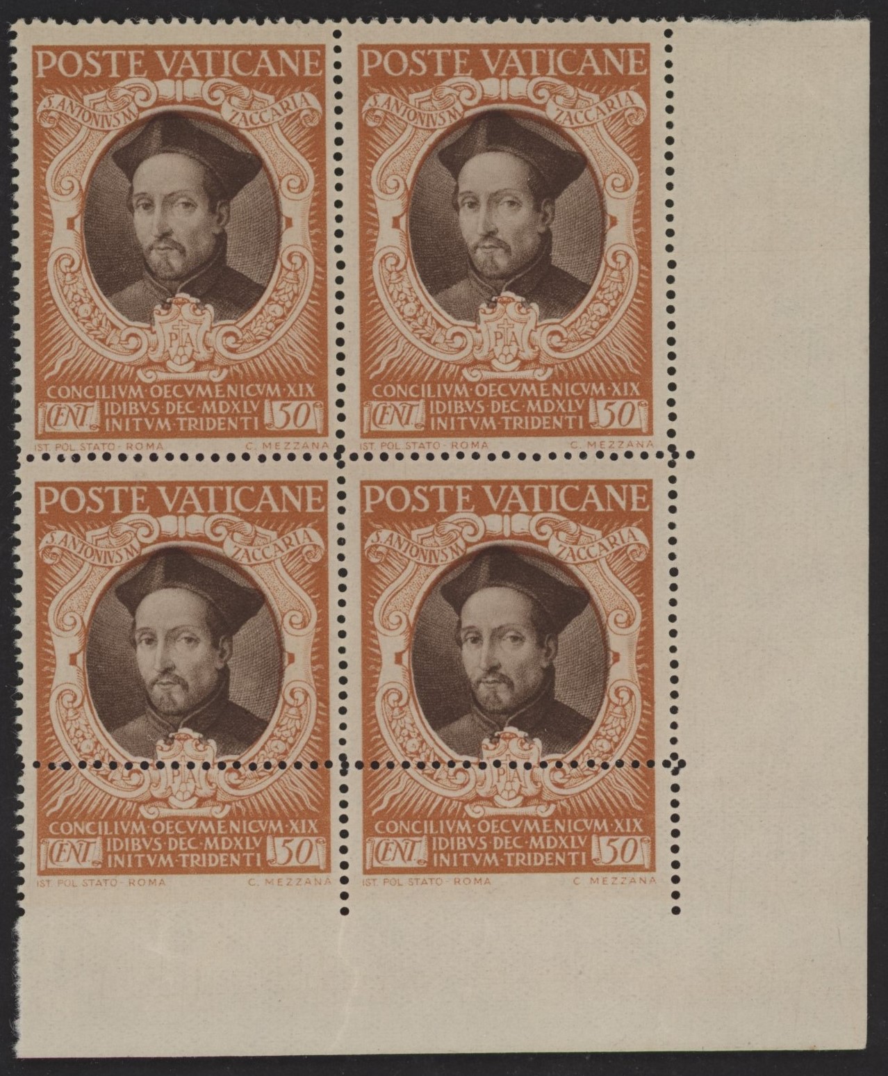 Vaticano - <p><strong>1946 - Concilio di Trento 50 cent.</strong>, n° 112 (eaa), in splendida quartina d'angolo con la dentellatura inferiore fortemente spostata in alto, inedita.</p>