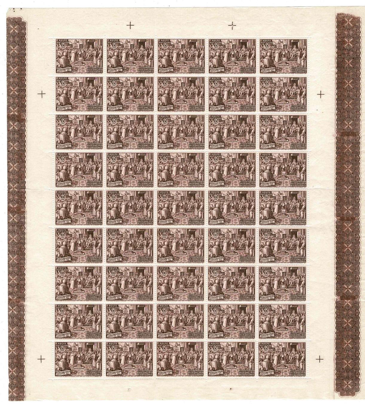 Vaticano - <p><strong>1951 - Calcedonia</strong>, n° 149/53, splendido foglio intero di 45 serie, rarita'.</p>