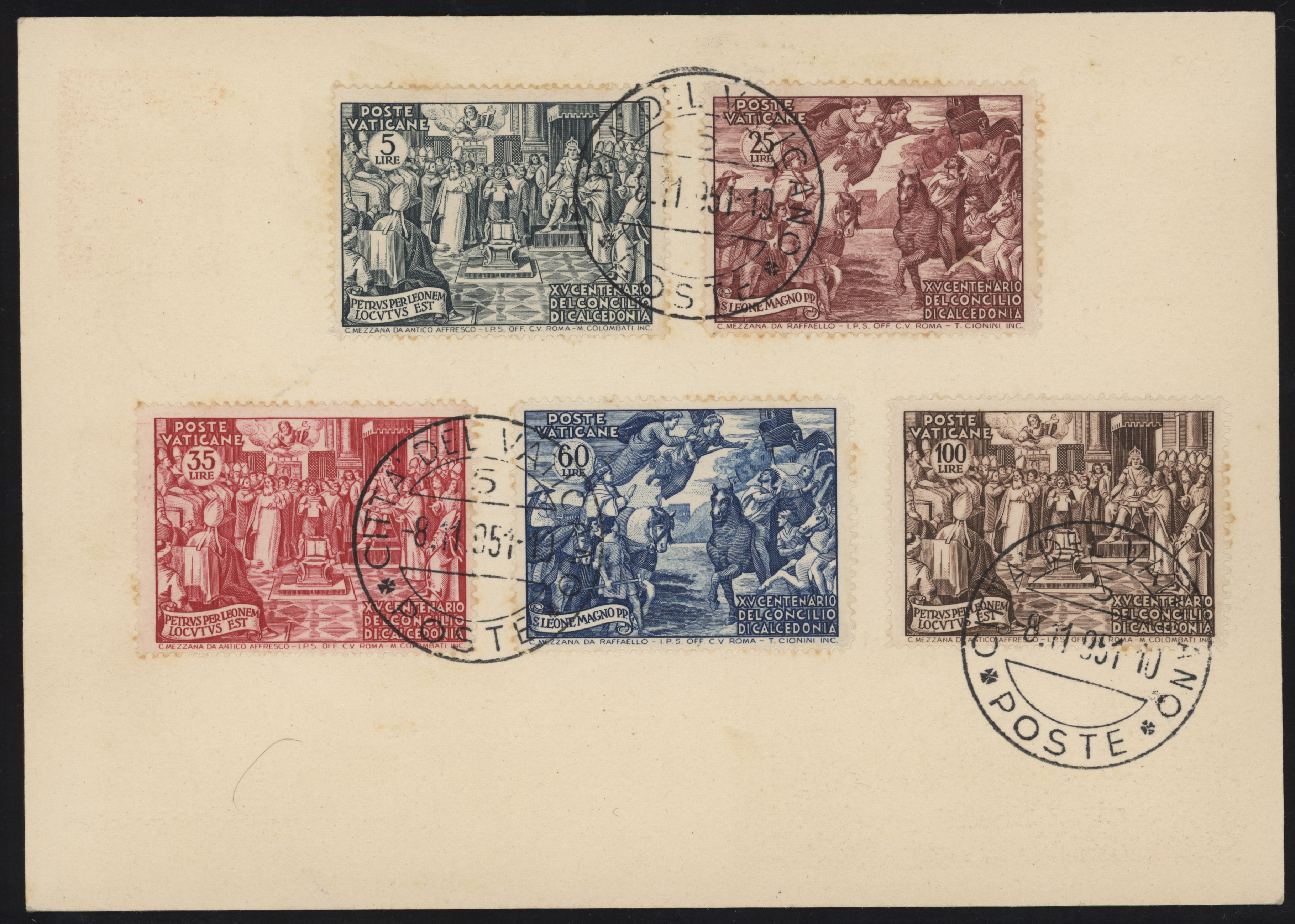 Vaticano - <p><strong>1951 - Calcedonia</strong>, n° 149/51, ottima serie completa al retro di intero postale da 25 Lire (n° C7) con annullo del 8.11.51.</p>