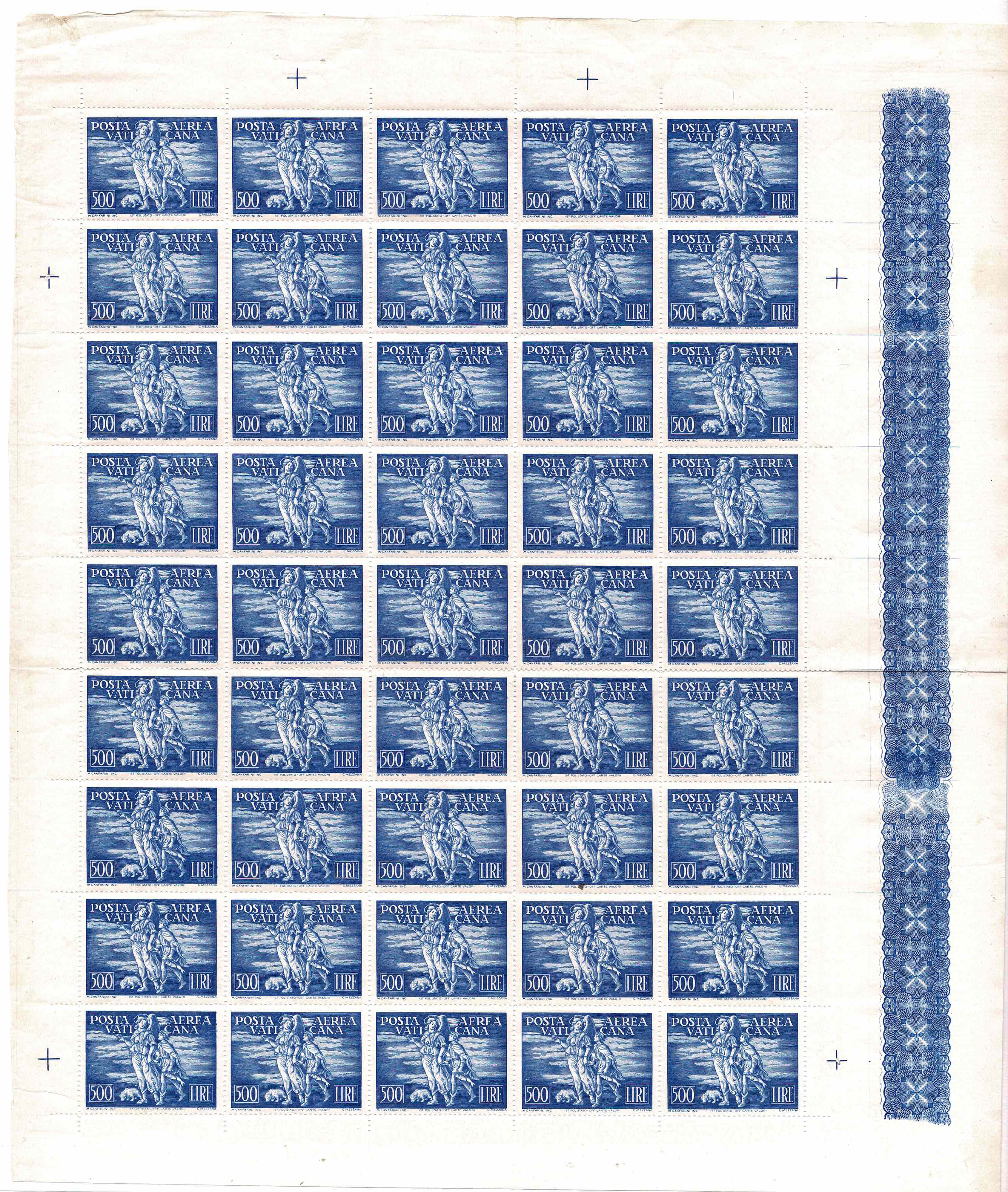 Vaticano - <p><strong>1948 - Tobia 500 Lire</strong>, PA n° 17, eccezionale foglio completo di 45 esemplari, freschissimo e ben centrato, rarità in eccellente stato di conservazione.</p>