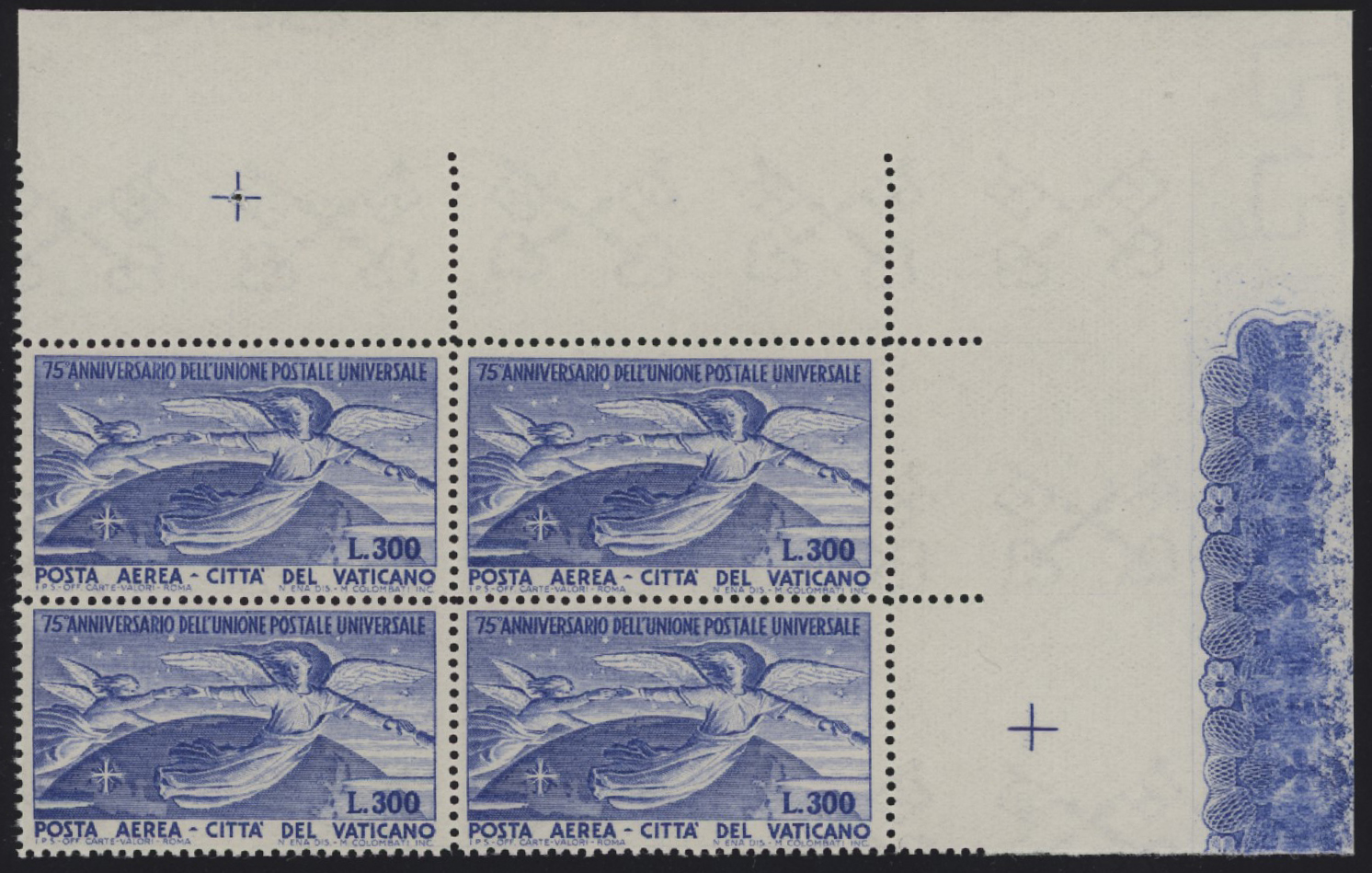 Vaticano - <p><strong>1949 - UPU</strong>, PA n° 18/19, in eccellenti e spettacolari quartine angolo di foglio superiore e bordi enormi. @</p>
