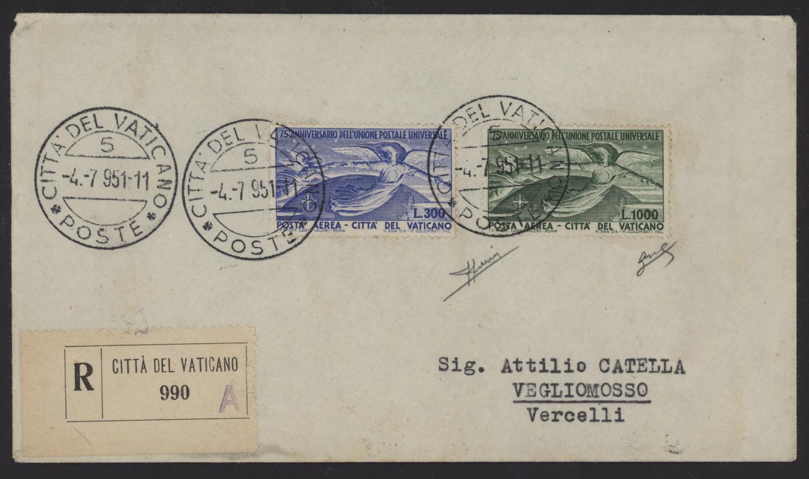 Vaticano - <p><strong>1951 - U.P.U.</strong>, PA&nbsp; n° 18/19, ottimi/eccellenti, su raccomandata 4.7.51 per <strong>Vercelli </strong>6.7., splendido insieme. Certificato Biondi.</p>