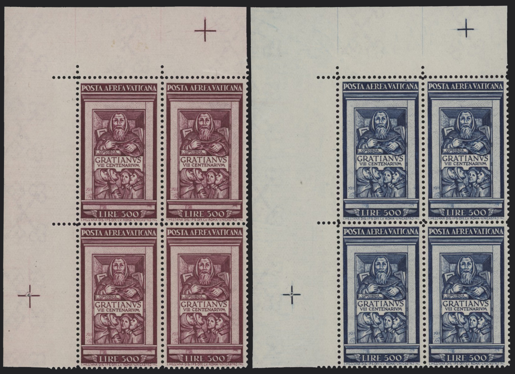 Vaticano - <p><strong>1951 - Graziano</strong>, PA n° 20/21, in eccellenti quartine angolo di foglio superiore sinistro, il catalogo per ora non contempla sovraprezzi per la centratura. @</p>
