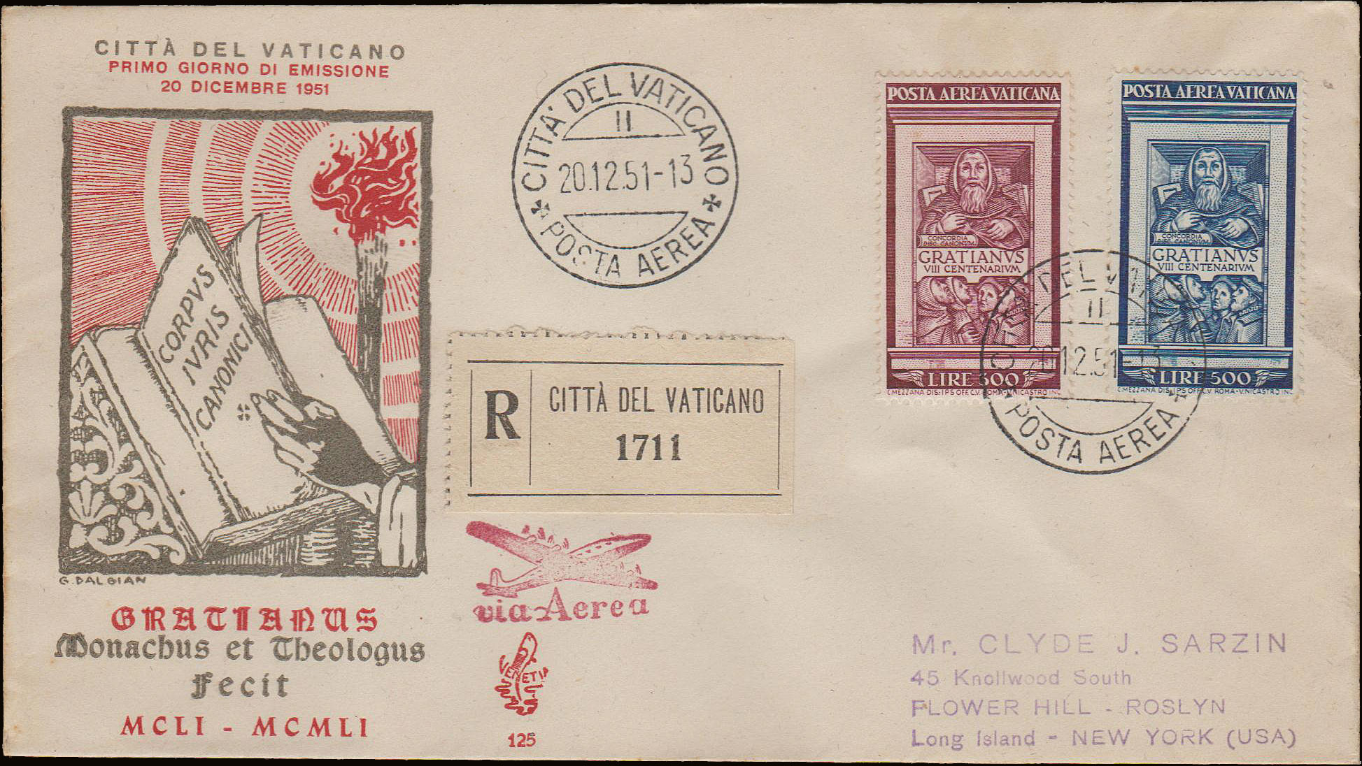 Vaticano - <p><strong>1951 - Graziano</strong>, PA n° 20/21, ottima, su FDC <strong>Venezia </strong>per <strong>New York </strong>ma senza annullo di arrivo come spesso accadeva agli aerogrammi.</p>