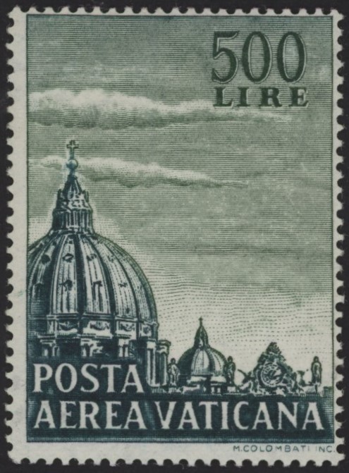 Vaticano - <p><strong>1958 - Cupolone 500 Lire verde dentellato 14 a pettine</strong>, PA n° 33/I, ottimo. Certificato Bolaffi.</p>