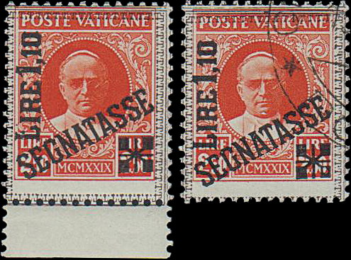 Vaticano - <p><strong>1931 - Sovrastampato 1,10 Lire su 2,50 arancio</strong>, Sx n° 6bab, due esemplari, uno integro (bordo di foglio inferiore) e l'altro usato con sovrastampa fortemente spostata in basso, pos. 99 e 72, l'esemplare usato presenta inoltre la varietà costante di posizione "quadratino inferiore destro della sovrastampa bianco", interessante insieme.</p>